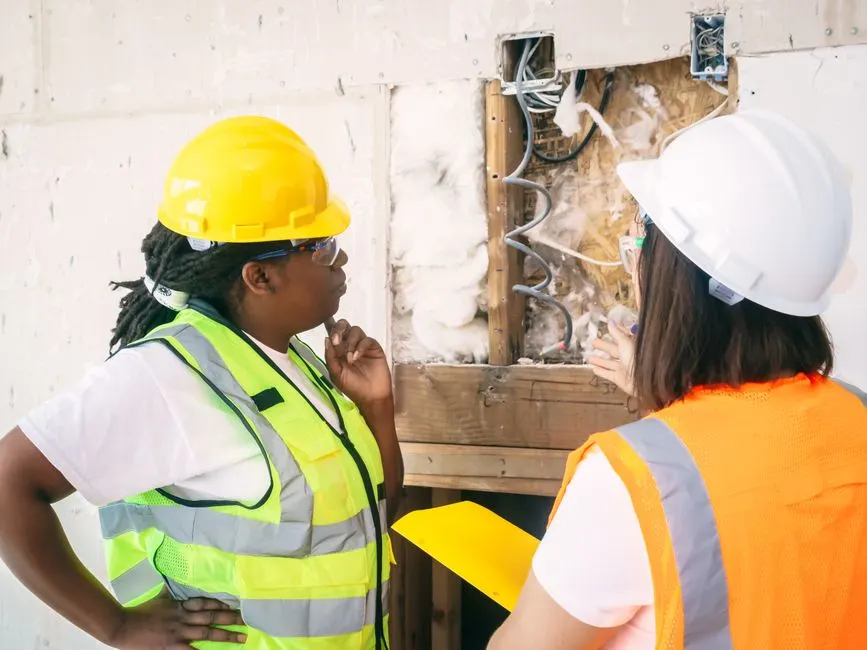Two female engineers wearing safety gear conduct a detailed inspection at a construction site.